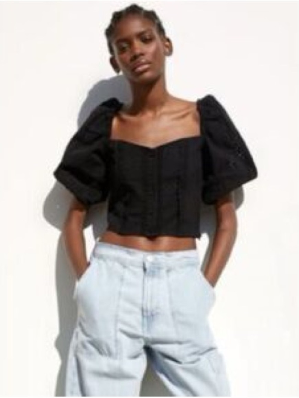 Zara Black Cropped Puff-Sleeve Square-Neck Top